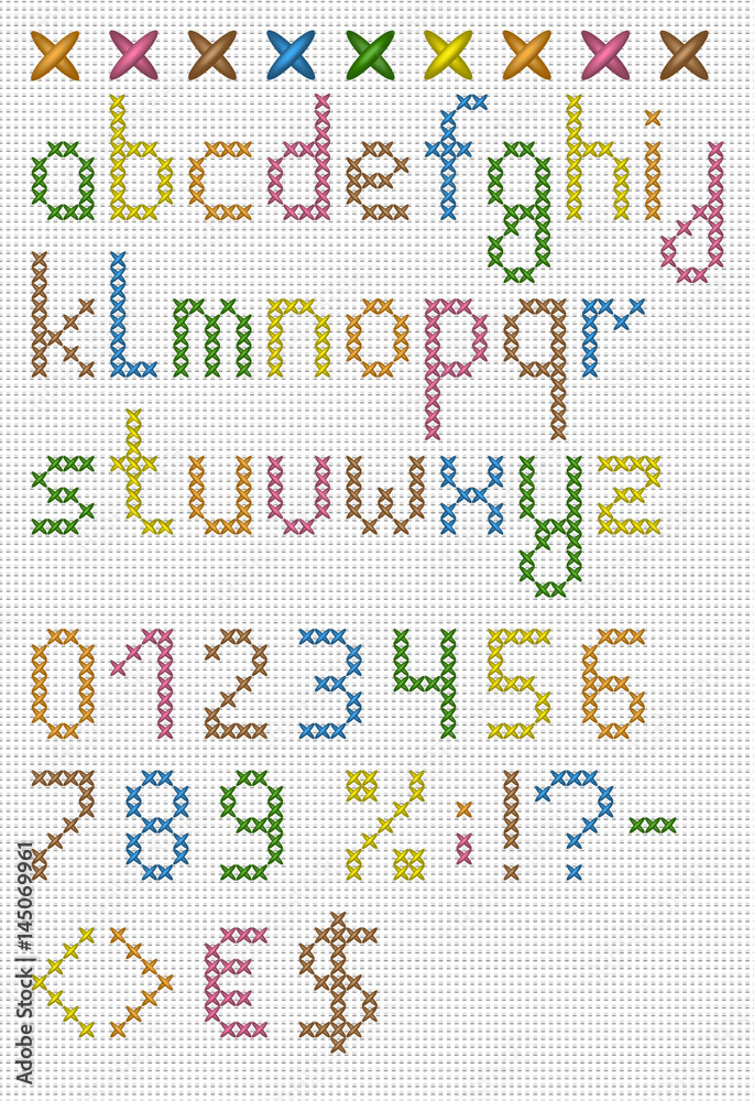 Colorful cross stitch lowercase english alphabet with numbers and symbols. Isolated on white cloth texture Colorful cross stitch lowercase english alphabet with numbers and symbols. Isolated on white cloth texture