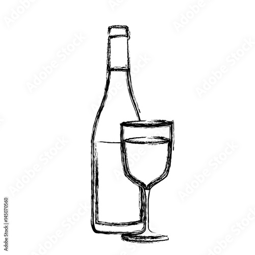 monochrome sketch silhouette with bottle of wine and glass vector illustration