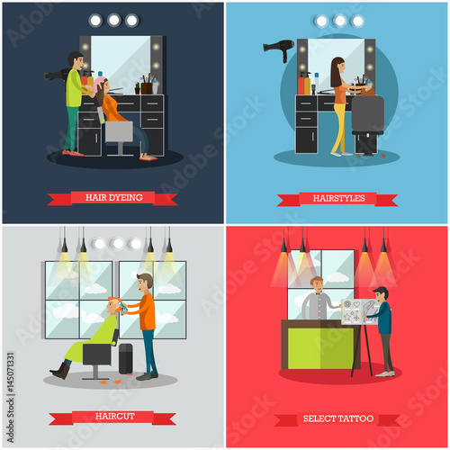 Vector set of hairdressing salon and tattoo parlor flat posters