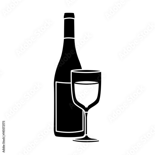 black silhouette with bottle of wine and glass vector illustration