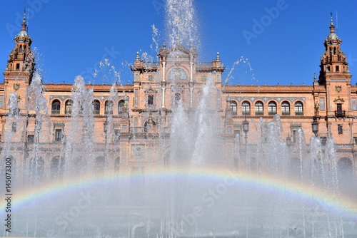 Rainbow in a fountain at the Plaza de Espana - Seville, Spain