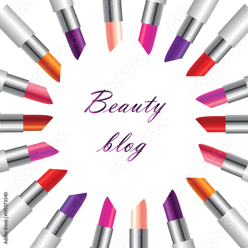 Realistic image of lipstick of different colors arranged in a circle on a white background, vector image