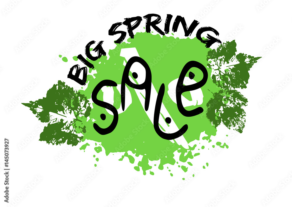 Grunge sale poster with green spring splash, prints of leaves and stylized  captions on white background. Vector illustration Stock Vector | Adobe Stock