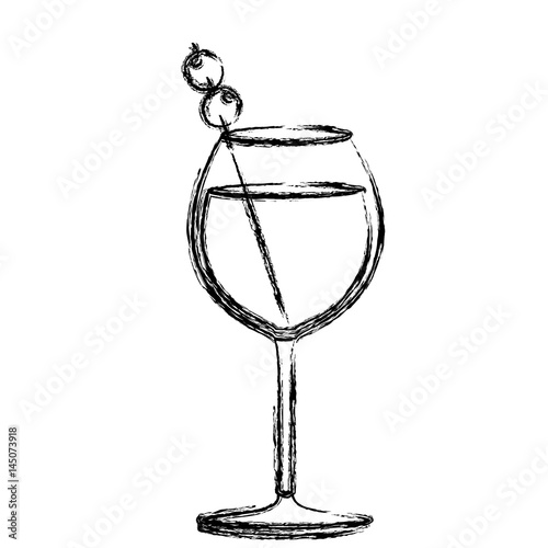 monochrome sketch silhouette of burgundy glass cocktail with olive fruit vector illustration