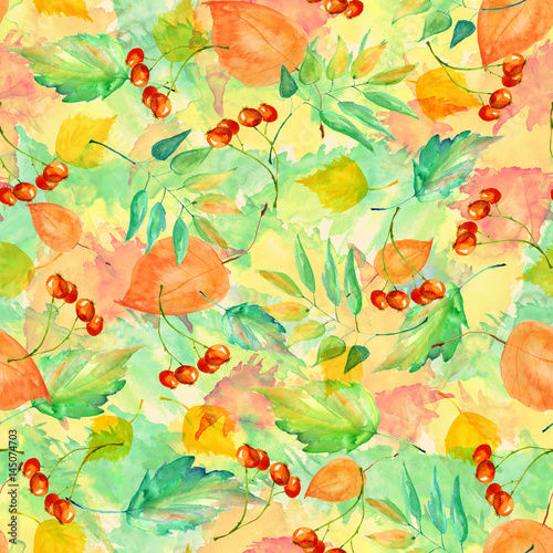 Watercolor vintage autumn background. With paint divorces red, orange yellow. With autumn leaves, red berries. Beautiful, stylish stylish background.