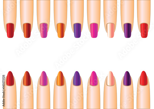 Fingers with nails and samples of colors of nail polish for manicure, vector illustration