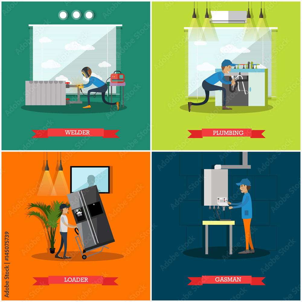 Vector set of workers profession square posters in flat style - obrazy, fototapety, plakaty 