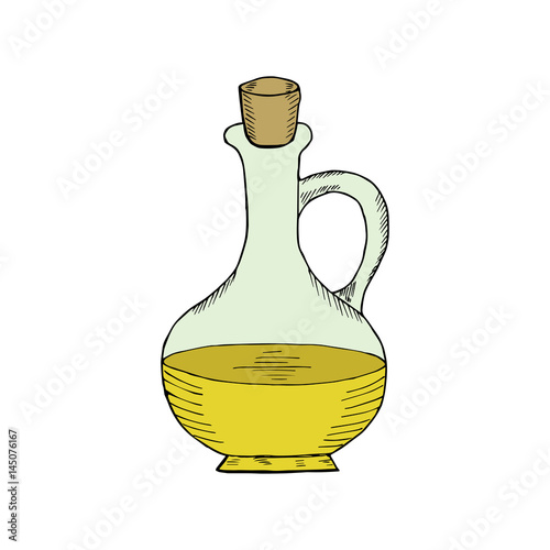 Jug glass of liquid with cork stopper in color. Olive oil. Hand drawn ink design element. Vintage black illustration. Isolated on white background.