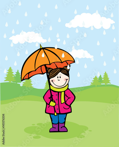 Postcard with the image of a girl standing in the rain with an umbrella on a background of the spring landscape vector image