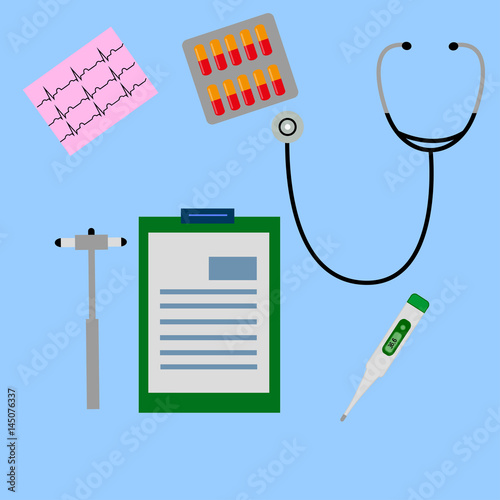 work desk doctor, physician, which are neurological hammer, stethoscope, ECG, working notes, notepad, blister with capsules, electronic thermometer