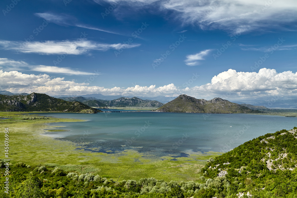 Panoramic view of Skadar lake at the Montenegro part travel destination. Skadar lake is a national park and one of the most beautiful places on Montenegro, Europe