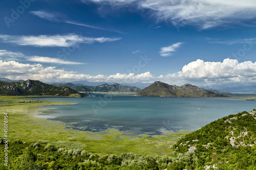 Panoramic view of Skadar lake at the Montenegro part travel destination. Skadar lake is a national park and one of the most beautiful places on Montenegro, Europe
