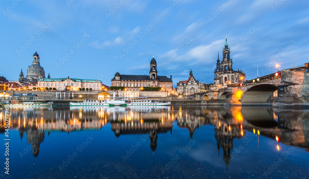 Dresden at night, Germany during twilight blue hour.