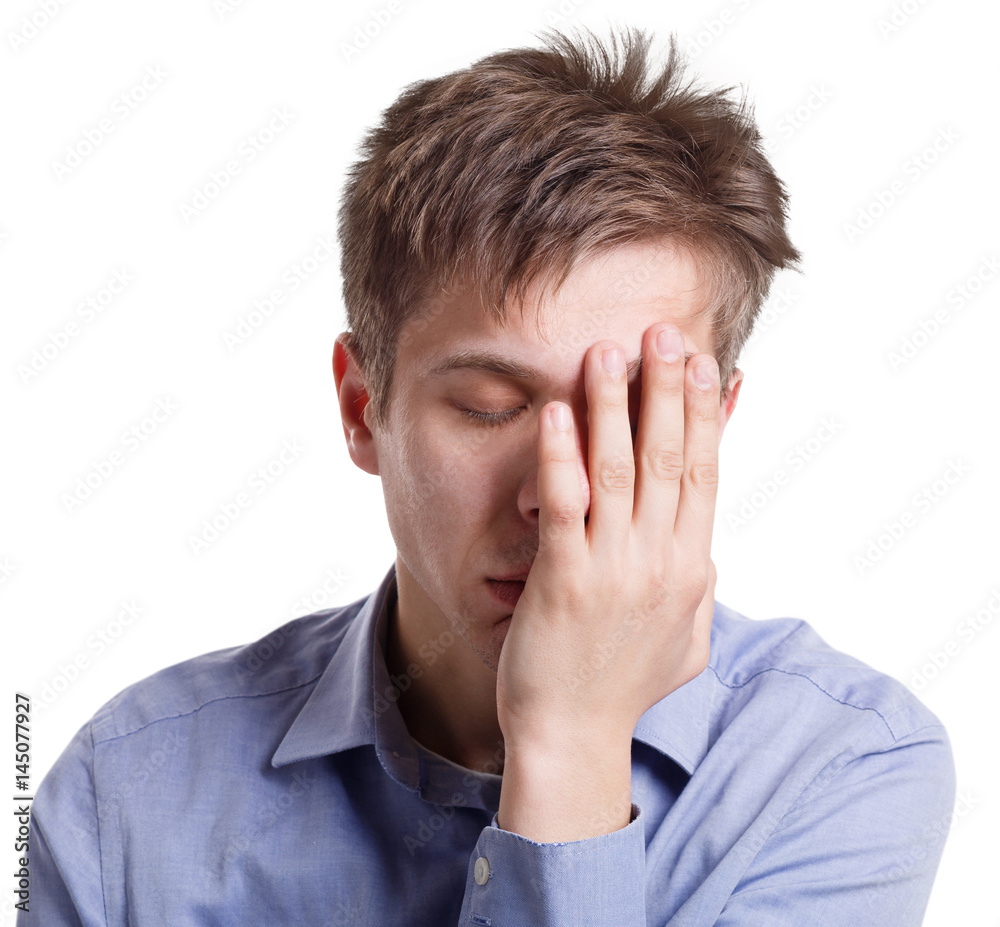 Exhausted man, negative emotion, isolated on white Exhausted man, negative emotion, isolated on white
