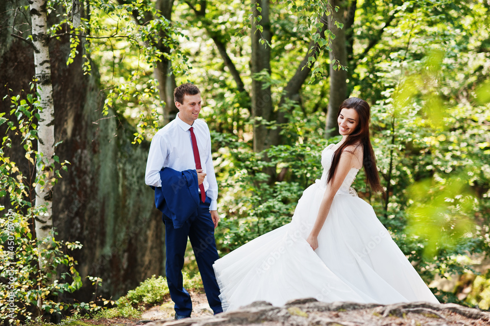 Lovely wedding couple at amazing landscapes with rock Dovbush, Carpathian mountains at Ukraine. Lovely wedding couple at amazing landscapes with rock Dovbush, Carpathian mountains at Ukraine.