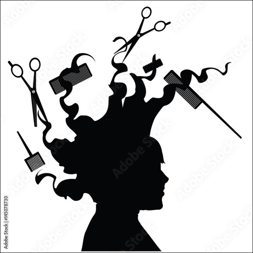 Silhouette head with the hair for hairdressing tool, vector illustration