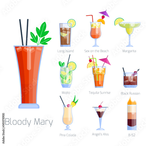 Set of alcoholic cocktails isolated fruit cold drinks tropical cosmopolitan freshness collection and party alcohol sweet tequila vector illustration.
