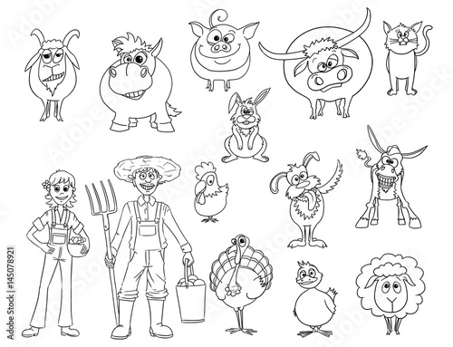 Set of Hand Drawn Vector Cartoon Farm Animals and Male and Female Farmers