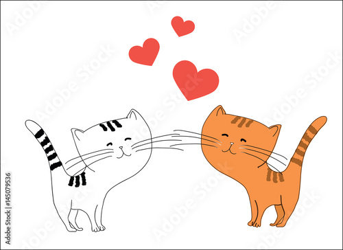 Two loving cats, white and red, vector illustration