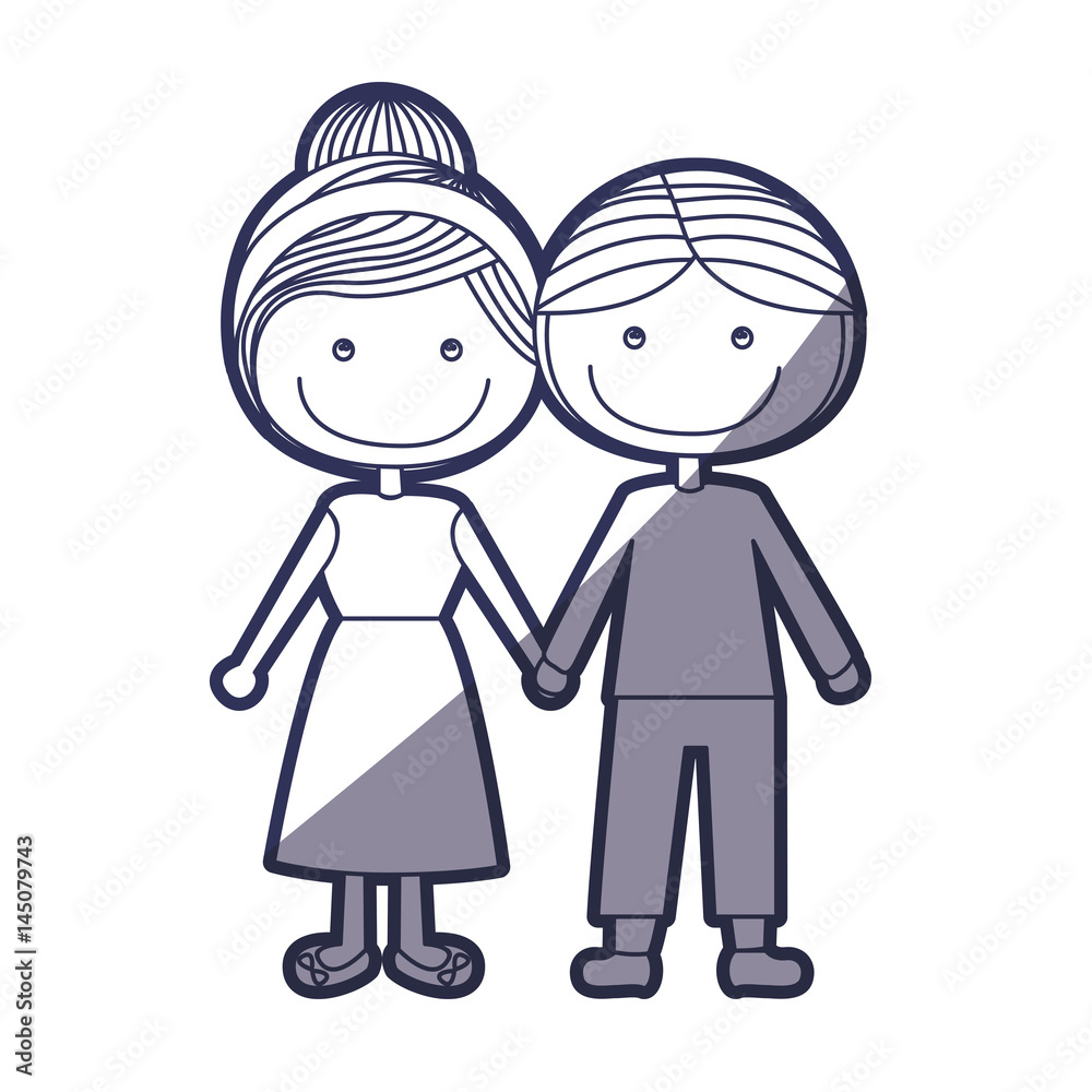 blue color contour caricature man with informal suit and woman collected hairstyle with taken hands vector illustration