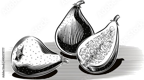 Three ripe figs, one half opened.