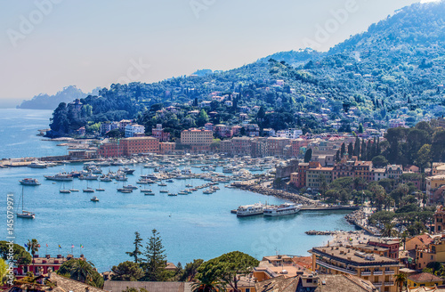 Aerial view of Santa Margherita Ligure, Genoa, the harbor, touristic place in Riviera Ligure, mediterranean sea, Italy