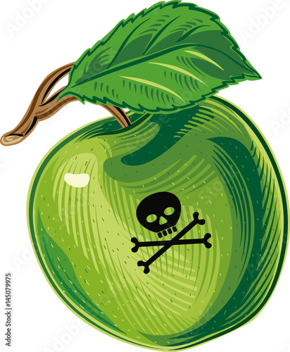 green apple engraved with a skull, poisoned apple.