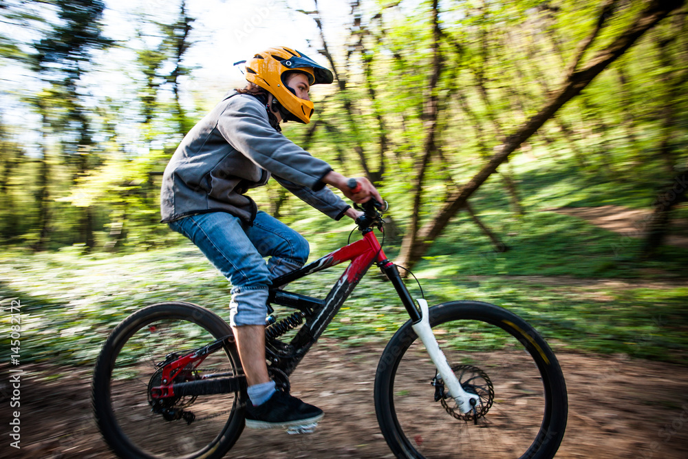 Fototapeta premium man ride mountain bike through forest