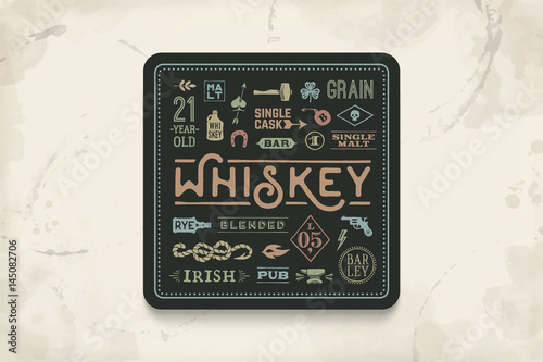 Coaster for whiskey and alcoholic beverages. Vintage drawing for bar, pub and whiskey themes. Black square for placing whiskey glass over it with lettering, drawings. Vector Illustration