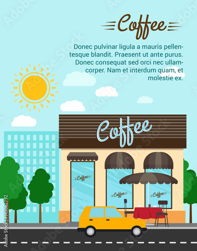 Coffee shop with city landscape banner