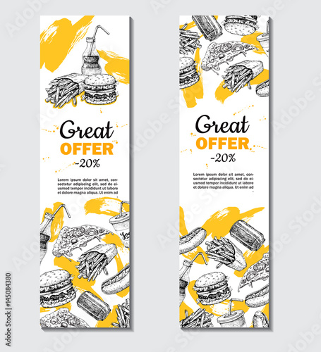 Fast food vector hand drawn banner. Hand drawn junk food special offer illustration. Soda, hot dog, pizza, burger