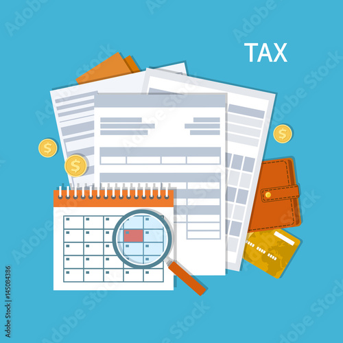 Tax payment. Government, State taxes. Payment day. Tax form, financial calendar, magnifying glass, money, gold coins, purse, credit card, invoices. Payday icon. Vector illustration.