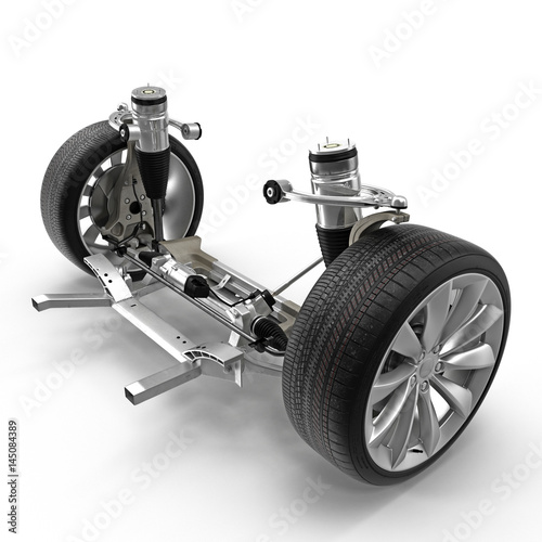 Electric Car Front Axle with new tire isolated on white. 3D illustration photo