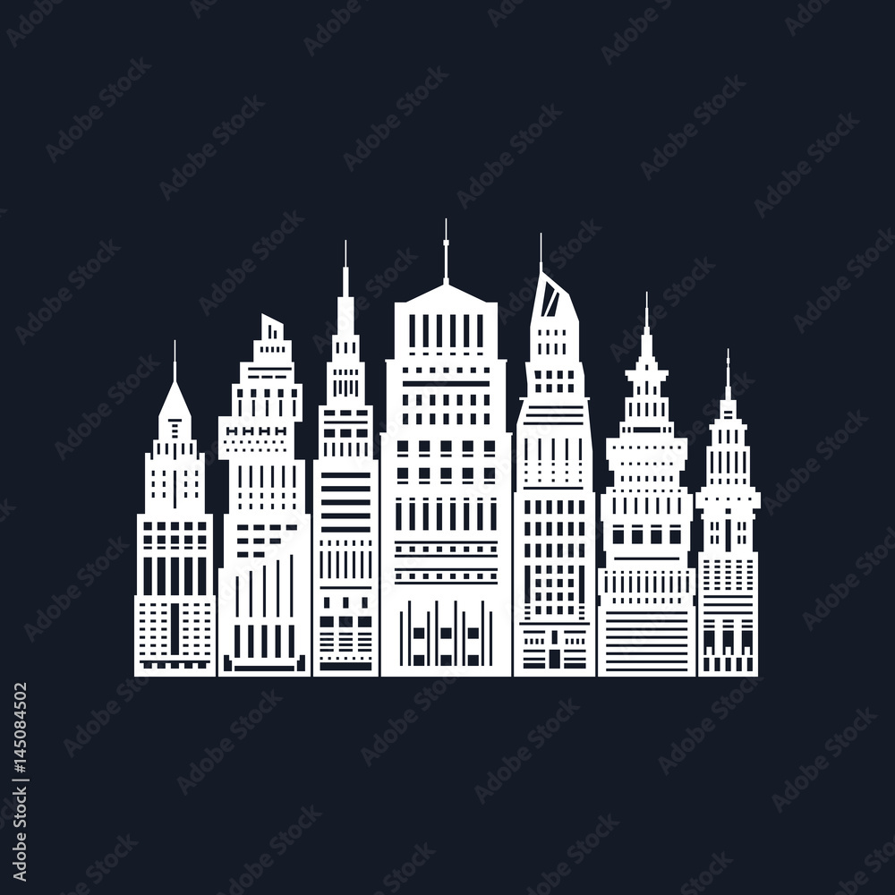 White Silhouette Modern Big City on Black Background, Architecture Megapolis with Buildings and Skyscraper, City Financial Center , Black and White Vector Illustration