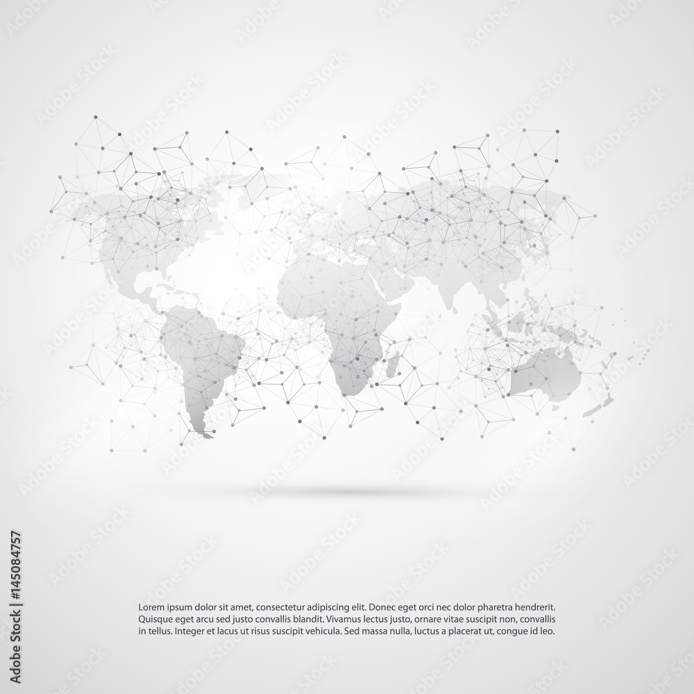 Fototapeta premium Cloud Computing and Networks with World Map - Abstract Global Digital Network Connections, Technology Concept Background, Creative Design Element Template with Transparent Geometric Grey Wire Mesh