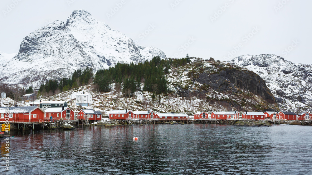 Traditional red cabins of Norway