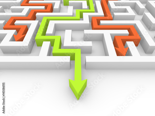 Labyrinth with three arrows. 3d rendering.