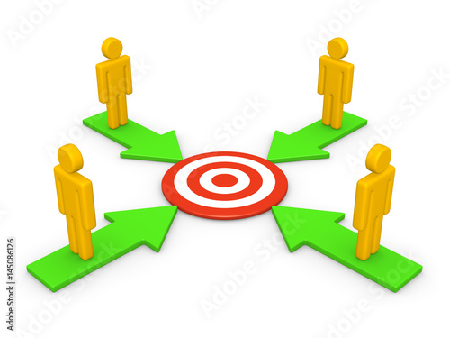 Four people with common target. 3d render.