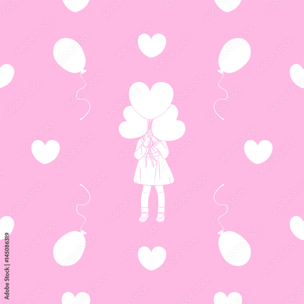 Pattern of balls and hearts. In center of girl with balloons. Vector illustration.