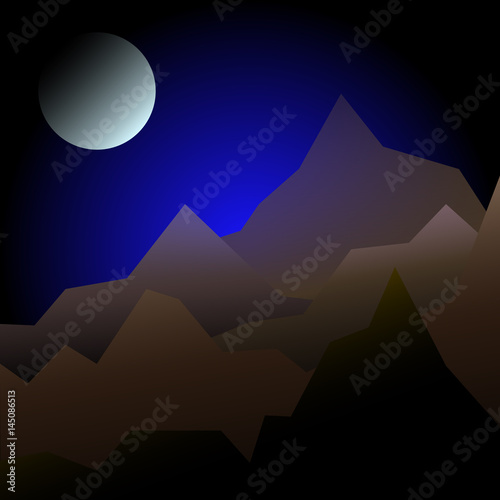 Vector night mountains and the moon in the sky.