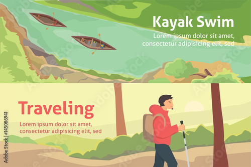 Colourful banner set for your business, web sites etc. Best trips and camping, kayaking. Isolated vector illustration.