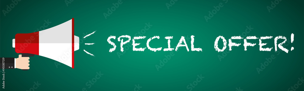 Special Offer Megafon geschrieben mit Kreide auf grüner Schultafel Banner flat design Vektor Illustration Special Offer Megafon geschrieben mit Kreide auf grüner Schultafel Banner flat design Vektor Illustration