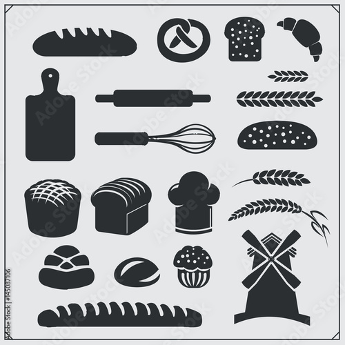 Set of Bakery icons, emblems and design elements. Vintage style.