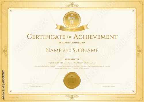 Certificate of achievement template with elegant gold border on abstact guilloche background