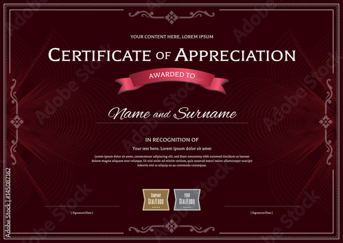 Fototapeta Naklejka Na Ścianę i Meble -  Certificate of appreciation template with award ribbon on dark red abstract guilloche background