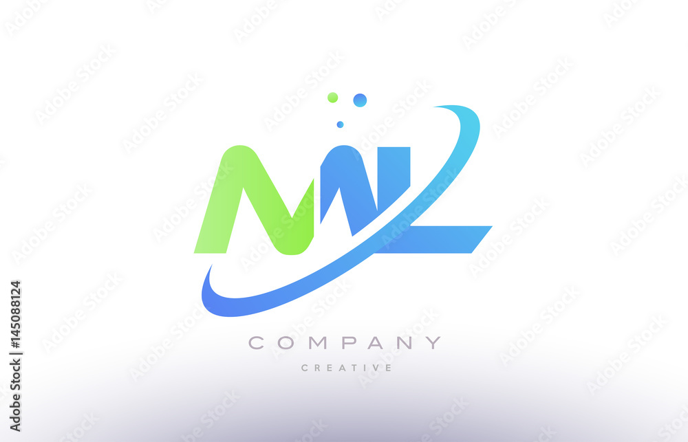 Fototapeta premium ml m l alphabet green blue swoosh letter logo icon design