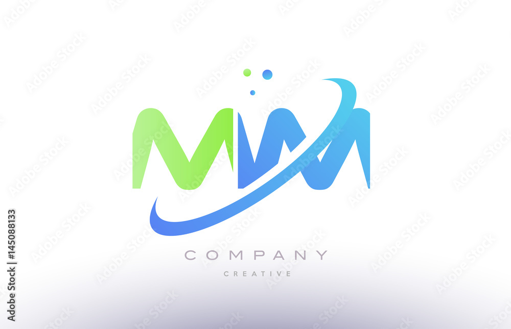 mm m m alphabet green blue swoosh letter logo icon design