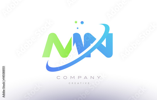 mn m n alphabet green blue swoosh letter logo icon design