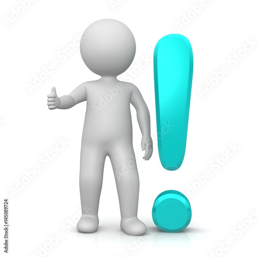 man 3d exclamation mark stickman turquoise cyan business symbol icon isolated on white background rendered in high resolution for print internet and presentation