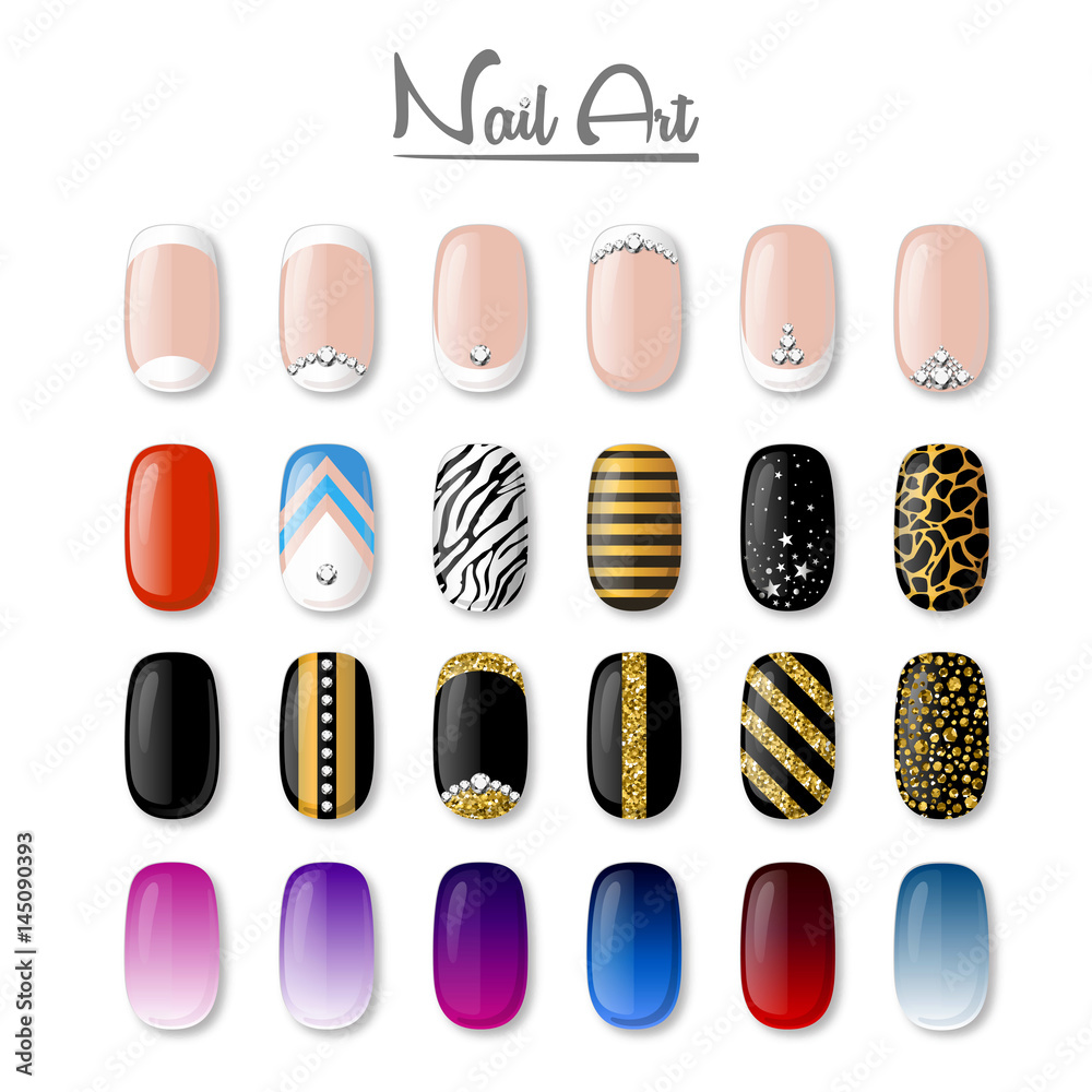 Obraz premium Set of colored painted nails. Manicure. Nail polish. Isolated on a white vector background.